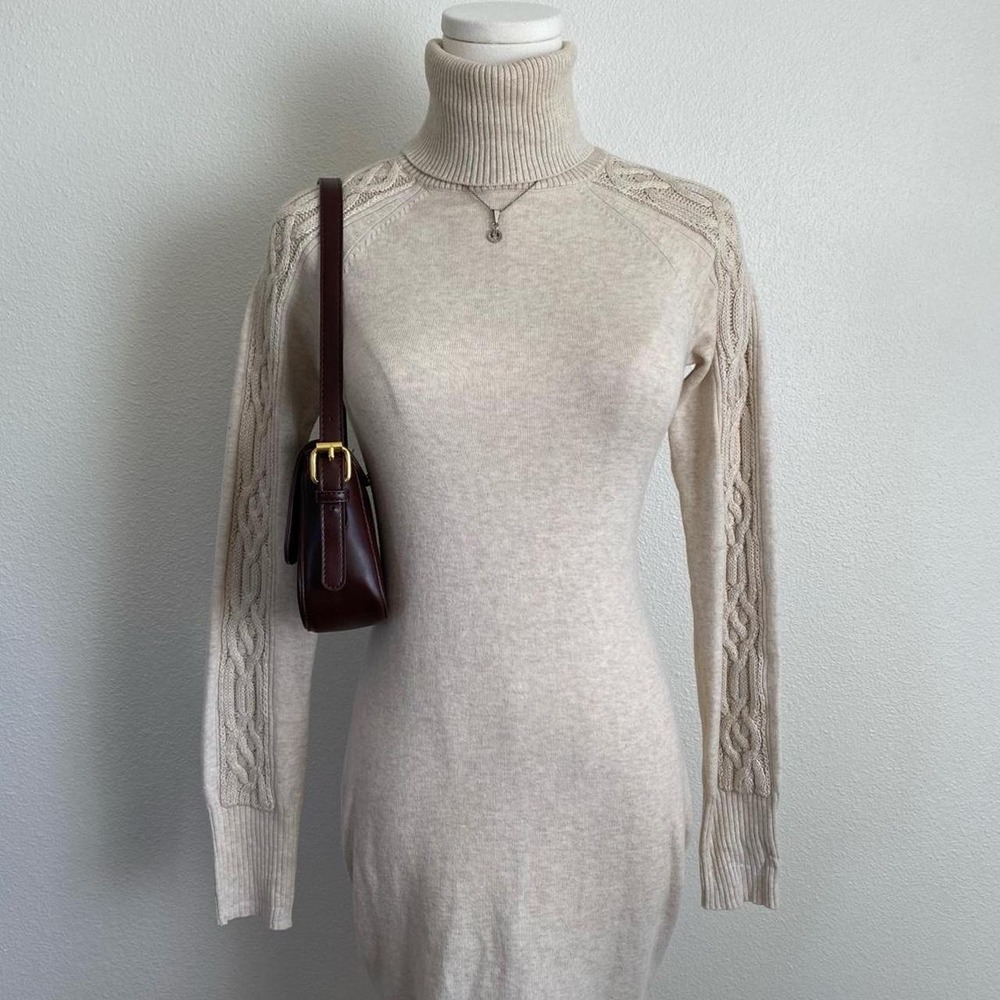 Vintage Y2K Moda International Tan Cable Knit Turtleneck Sweater Midi Dress